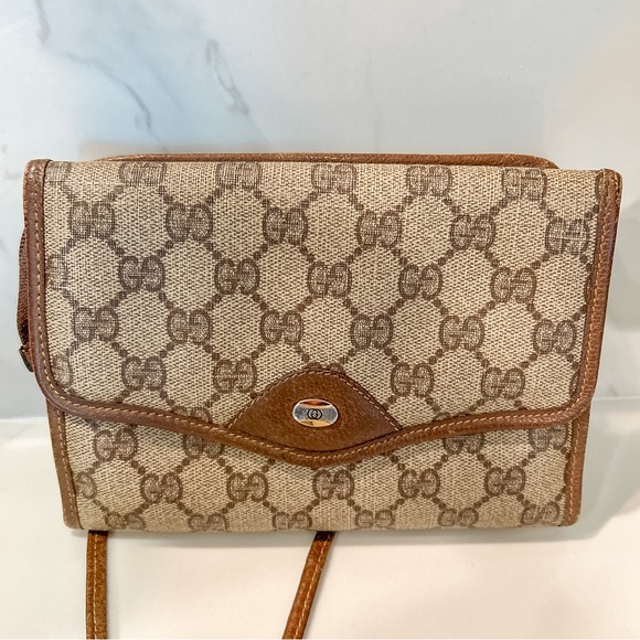 Vintage Gucci GG Logo Monogram Canvas Brown Leather Crossbody Purse Small READ - Picture 1 of 16